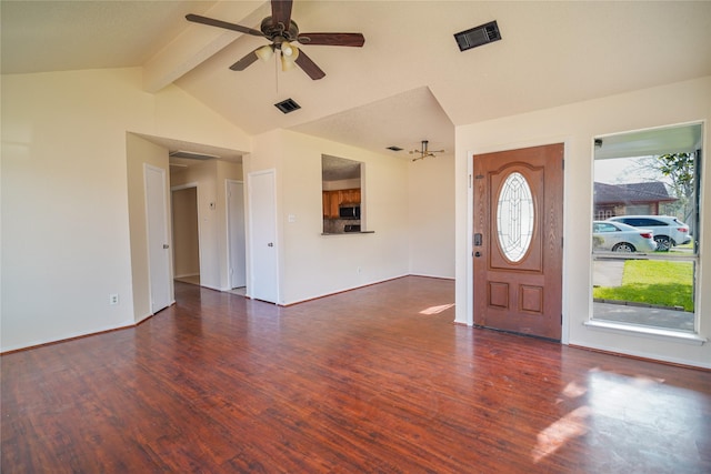 entryway with ceiling fan, visible vents, lofted ceiling with beams, and wood finished floors