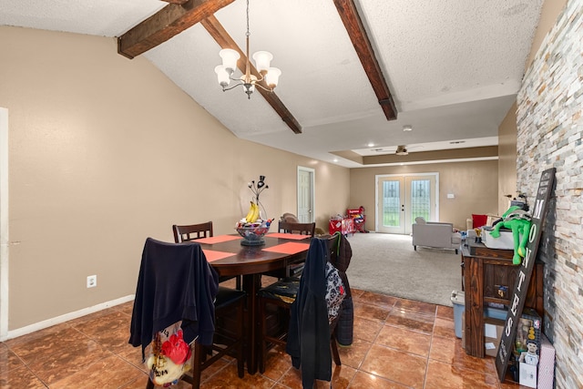 dining room with baseboards, carpet, lofted ceiling with beams, an inviting chandelier, and a textured ceiling