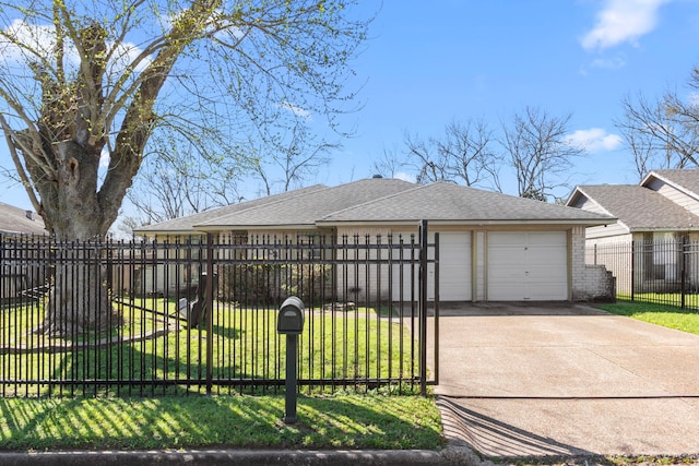 view of front of house featuring a front lawn, a fenced front yard, concrete driveway, roof with shingles, and an attached garage