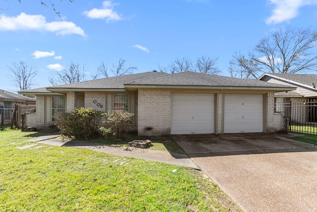 ranch-style home featuring a garage, brick siding, concrete driveway, and fence