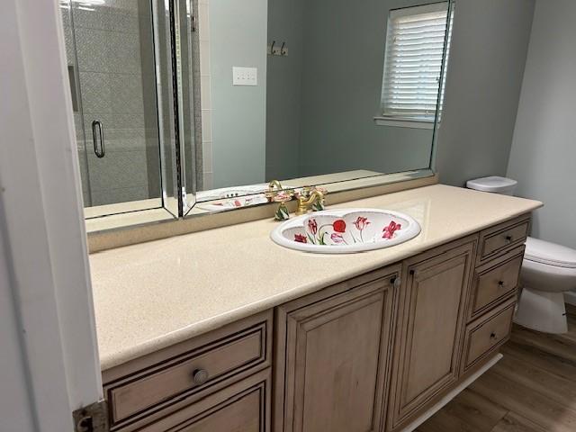 bathroom with vanity, toilet, wood finished floors, and a stall shower