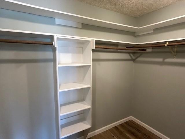 walk in closet with dark wood-style flooring