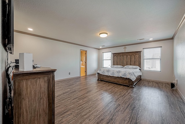 bedroom with dark wood finished floors, crown molding, baseboards, and a textured ceiling