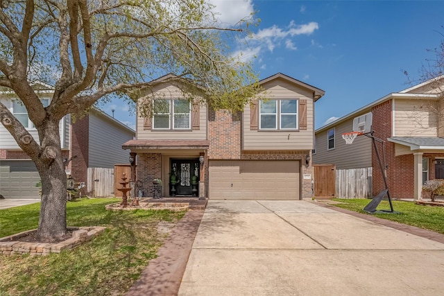 view of front of home featuring brick siding, an attached garage, driveway, and fence