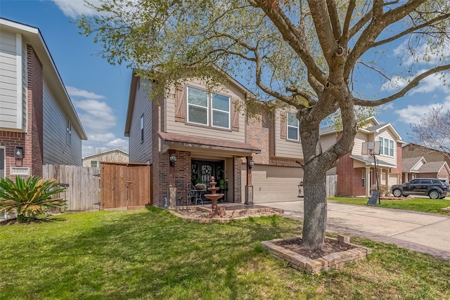 view of front facade featuring fence, driveway, an attached garage, a front lawn, and brick siding