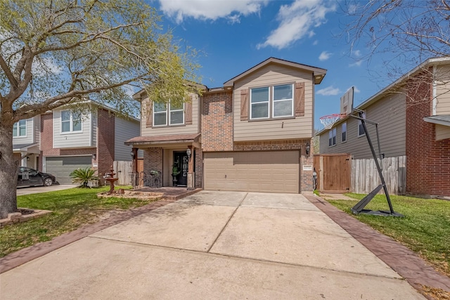 view of front of property featuring fence, concrete driveway, a front lawn, a garage, and brick siding