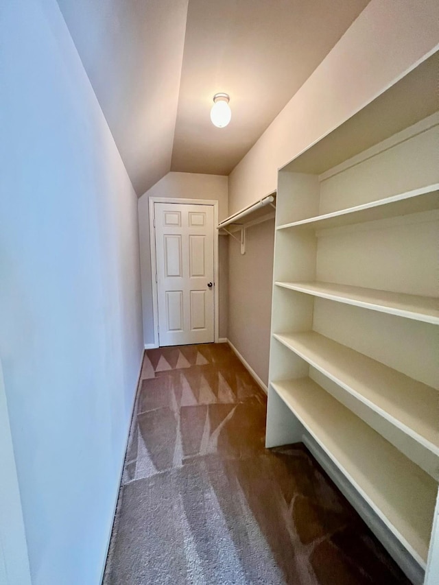 walk in closet with lofted ceiling and carpet flooring