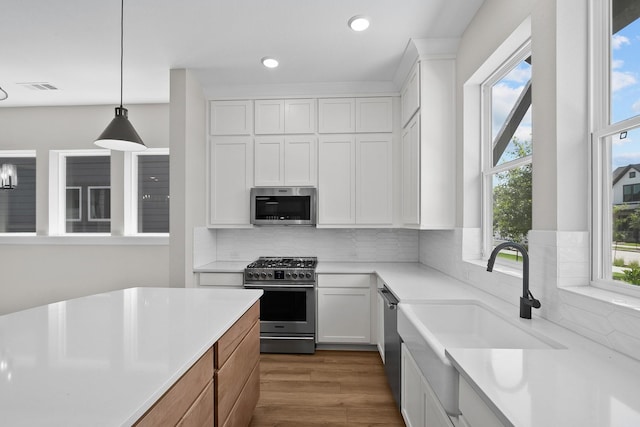 kitchen with visible vents, light countertops, appliances with stainless steel finishes, white cabinetry, and a sink