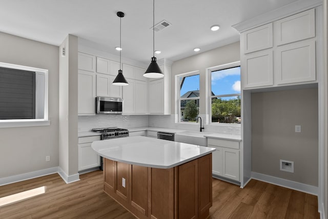 kitchen featuring visible vents, a sink, tasteful backsplash, wood finished floors, and stainless steel appliances