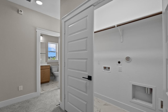 washroom featuring hookup for a washing machine, hookup for a gas dryer, hookup for an electric dryer, laundry area, and marble finish floor