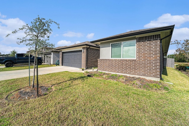 ranch-style house featuring brick siding, an attached garage, concrete driveway, and a front lawn