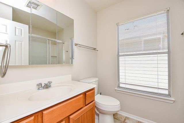 full bathroom with toilet, an enclosed shower, vanity, and visible vents