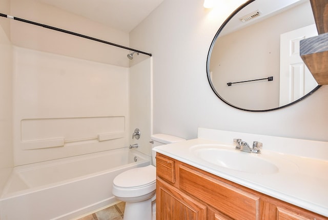 bathroom with tile patterned flooring, visible vents, washtub / shower combination, toilet, and vanity