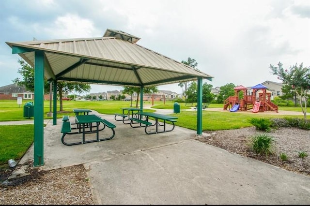 surrounding community with a gazebo, a lawn, and playground community