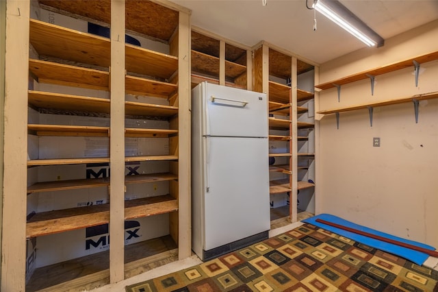 basement with freestanding refrigerator