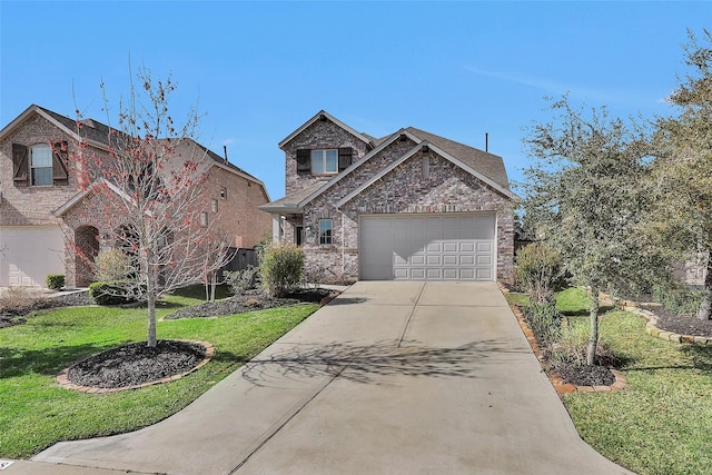 traditional home featuring a front lawn, an attached garage, stone siding, and driveway