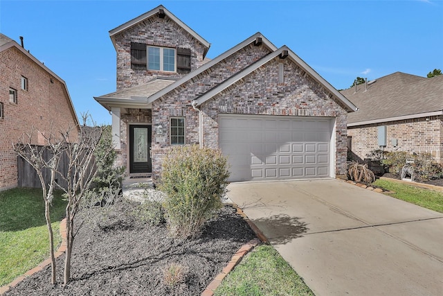 view of front of house with concrete driveway, an attached garage, brick siding, and a front lawn