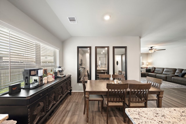 dining space with visible vents, dark wood-type flooring, recessed lighting, baseboards, and ceiling fan