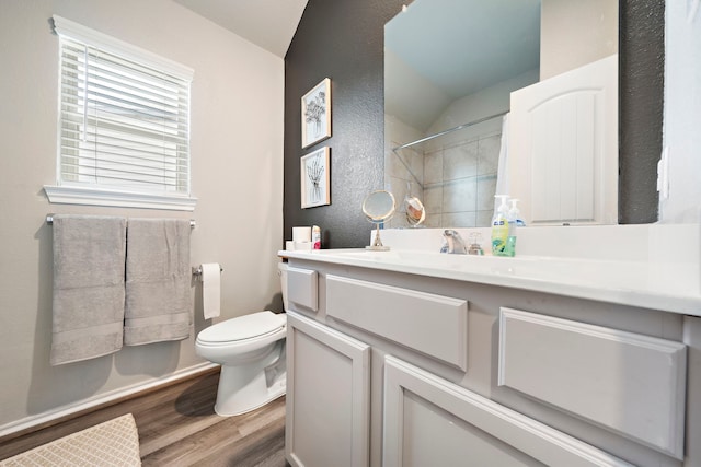 bathroom featuring a shower, toilet, vanity, and wood finished floors