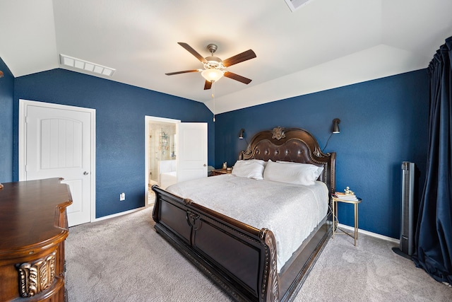 bedroom with baseboards, visible vents, ceiling fan, vaulted ceiling, and carpet flooring