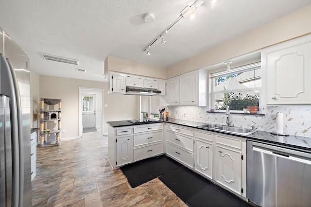 kitchen with a peninsula, a sink, under cabinet range hood, appliances with stainless steel finishes, and tasteful backsplash