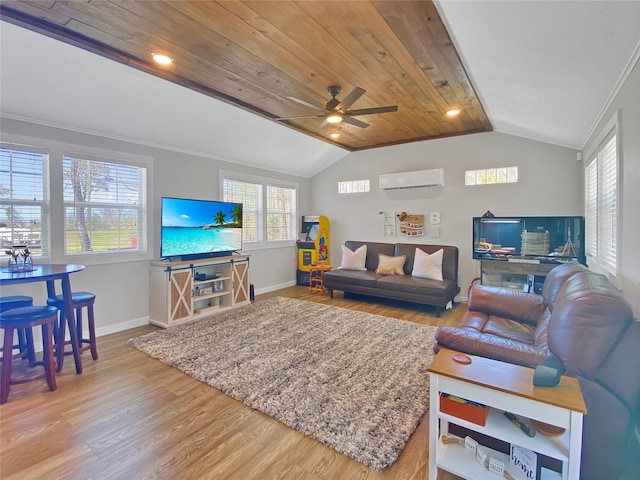 living room with wood finished floors, ceiling fan, vaulted ceiling, wood ceiling, and a wall mounted air conditioner