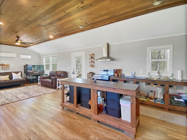 kitchen with ceiling fan, vaulted ceiling, electric stove, wood ceiling, and wall chimney exhaust hood