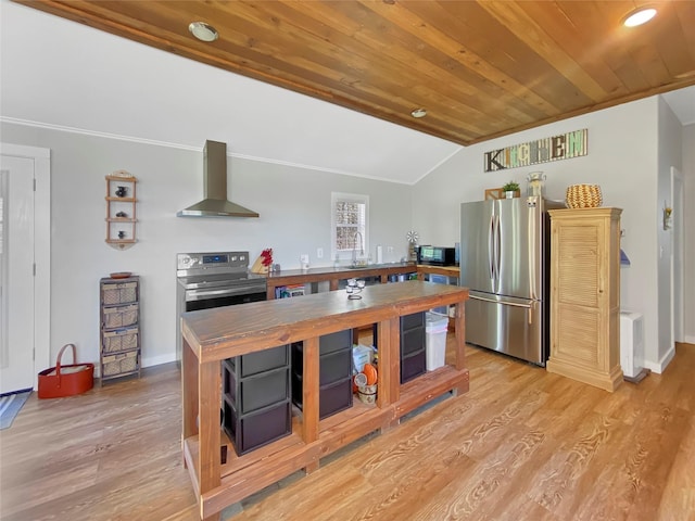 kitchen featuring vaulted ceiling, wooden ceiling, stainless steel appliances, wall chimney exhaust hood, and a sink