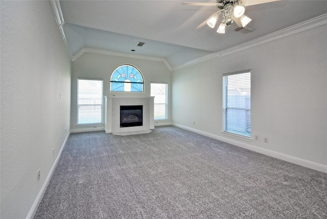 unfurnished living room featuring visible vents, carpet, and ornamental molding