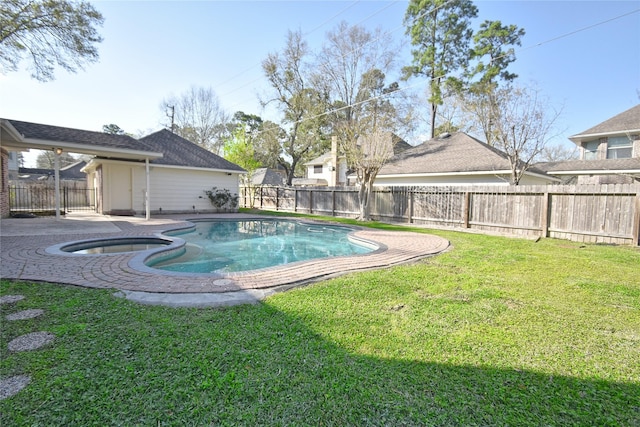 view of pool with a yard, a patio, a fenced backyard, and a pool with connected hot tub