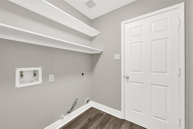 laundry area featuring visible vents, dark wood-type flooring, laundry area, hookup for a washing machine, and hookup for an electric dryer