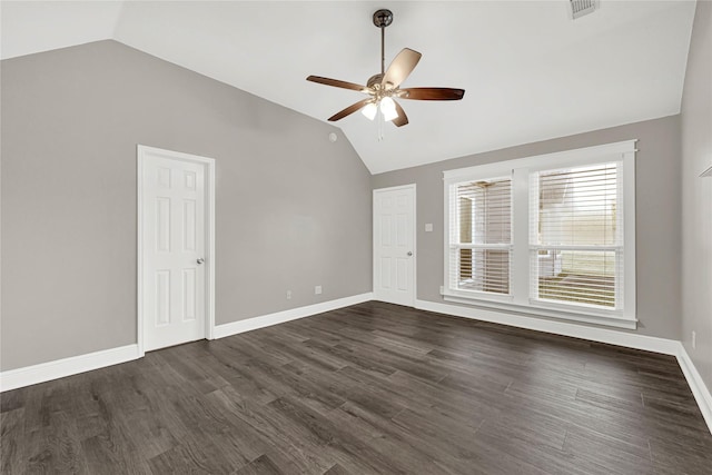 unfurnished room with dark wood-style floors, high vaulted ceiling, baseboards, and ceiling fan