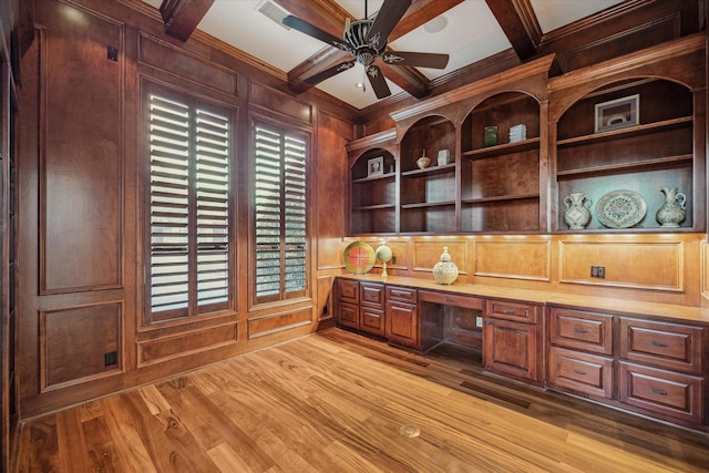 office space with built in shelves, coffered ceiling, beam ceiling, ceiling fan, and built in desk