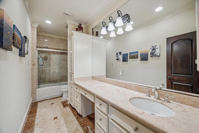 full bath featuring crown molding, baseboards, toilet, recessed lighting, and vanity