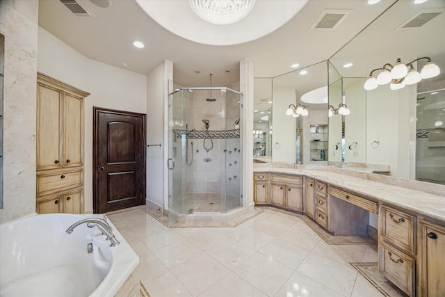 bathroom featuring visible vents, vanity, and a shower stall