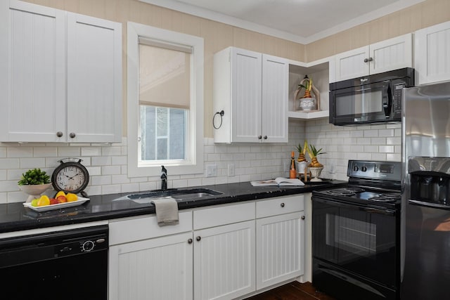 kitchen with a sink, ornamental molding, decorative backsplash, black appliances, and open shelves