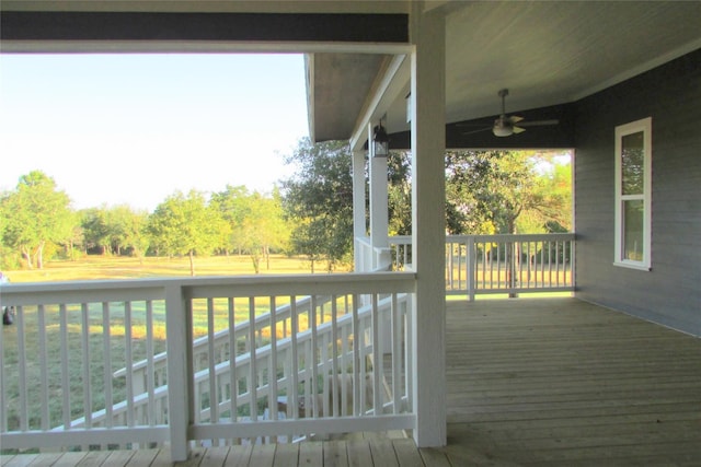 deck featuring a yard and ceiling fan