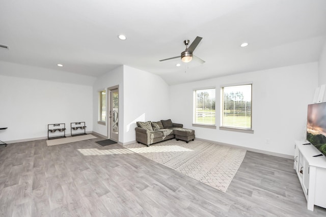 unfurnished room with recessed lighting, light wood-type flooring, and ceiling fan