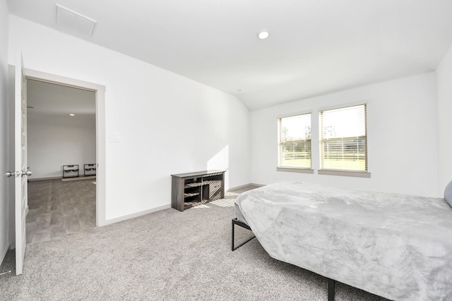 carpeted bedroom featuring recessed lighting, visible vents, baseboards, and vaulted ceiling