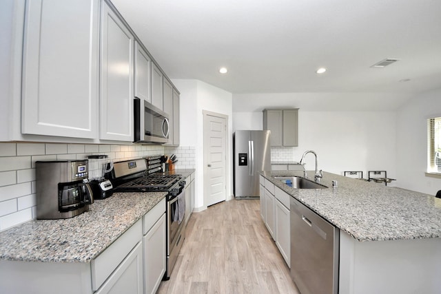 kitchen featuring backsplash, a center island with sink, appliances with stainless steel finishes, light wood-style floors, and a sink