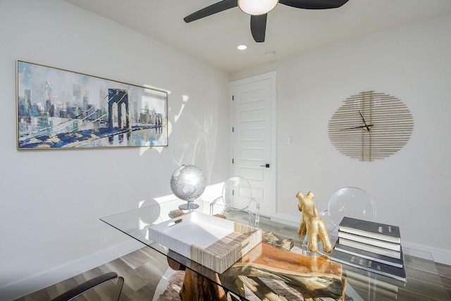 dining area with recessed lighting, baseboards, wood finished floors, and ceiling fan