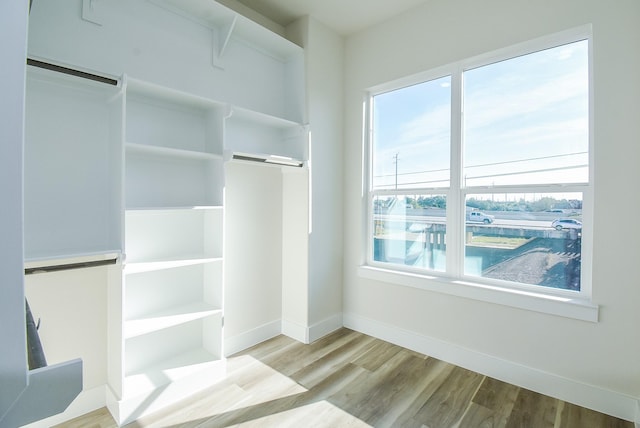 walk in closet with wood finished floors