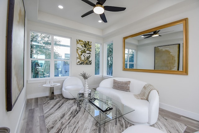 living area featuring a raised ceiling, wood finished floors, and a ceiling fan