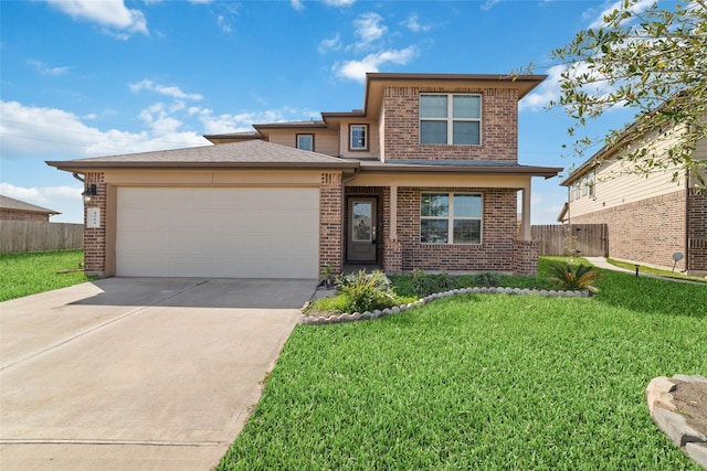 view of front facade featuring brick siding, concrete driveway, a front lawn, and fence