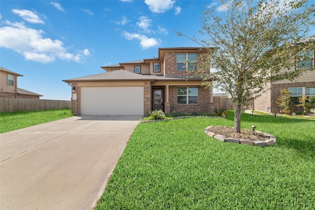 view of front of property with brick siding, a front lawn, fence, concrete driveway, and a garage