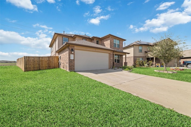 view of front facade featuring fence, concrete driveway, an attached garage, a front yard, and brick siding