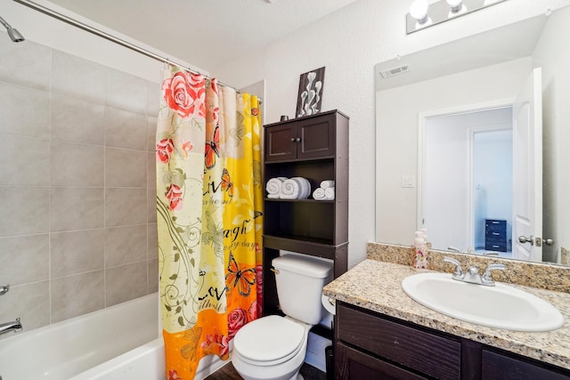 bathroom with vanity, toilet, shower / bathtub combination with curtain, and visible vents