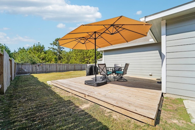 deck featuring a lawn and a fenced backyard