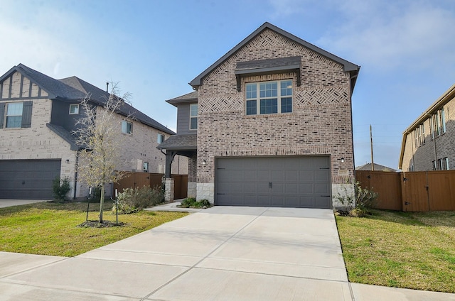 view of front of home with a front yard, fence, driveway, an attached garage, and brick siding