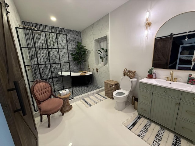 bathroom with toilet, tiled shower, vanity, and a freestanding tub